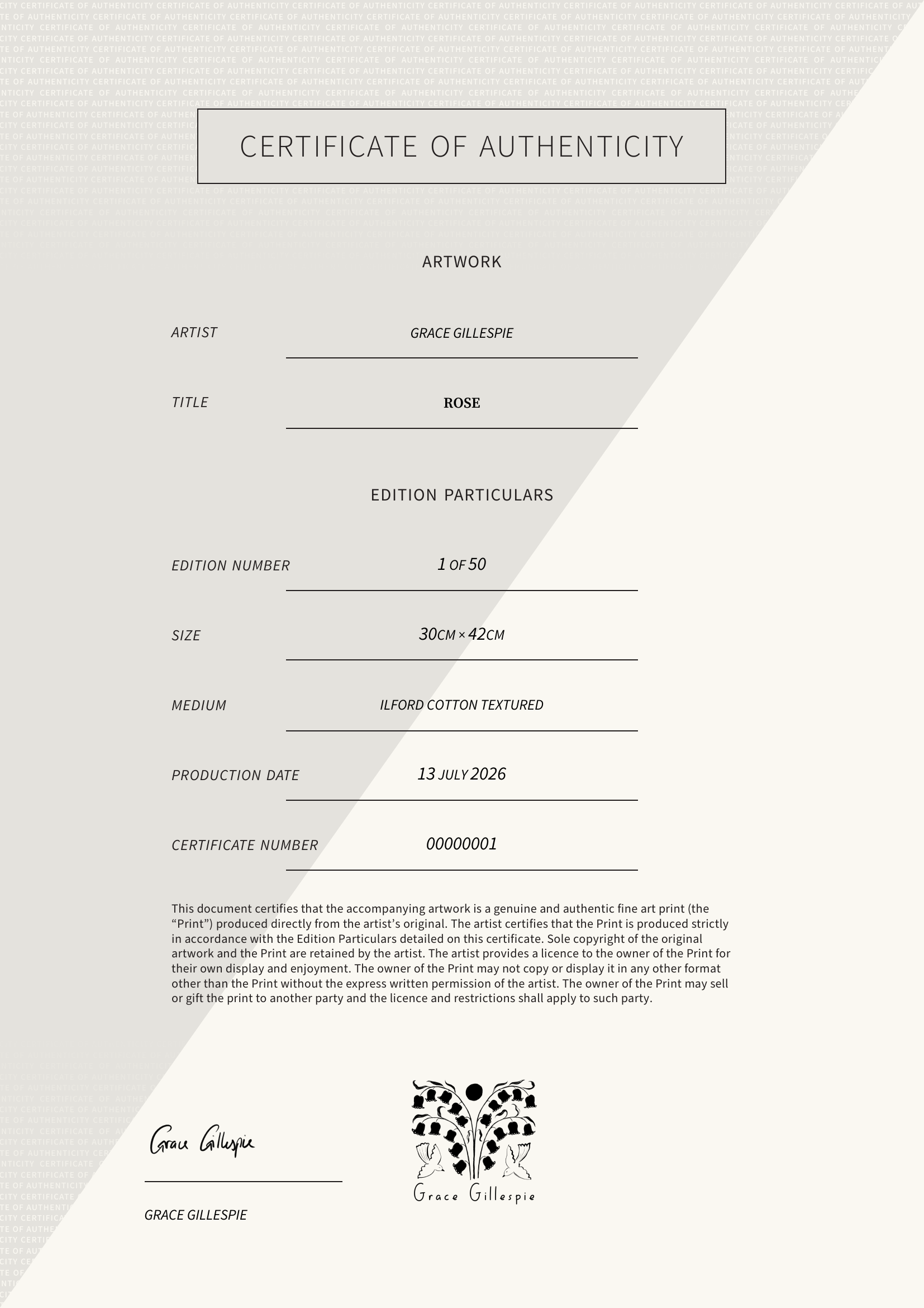 Rose — Certificate of Authenticity
