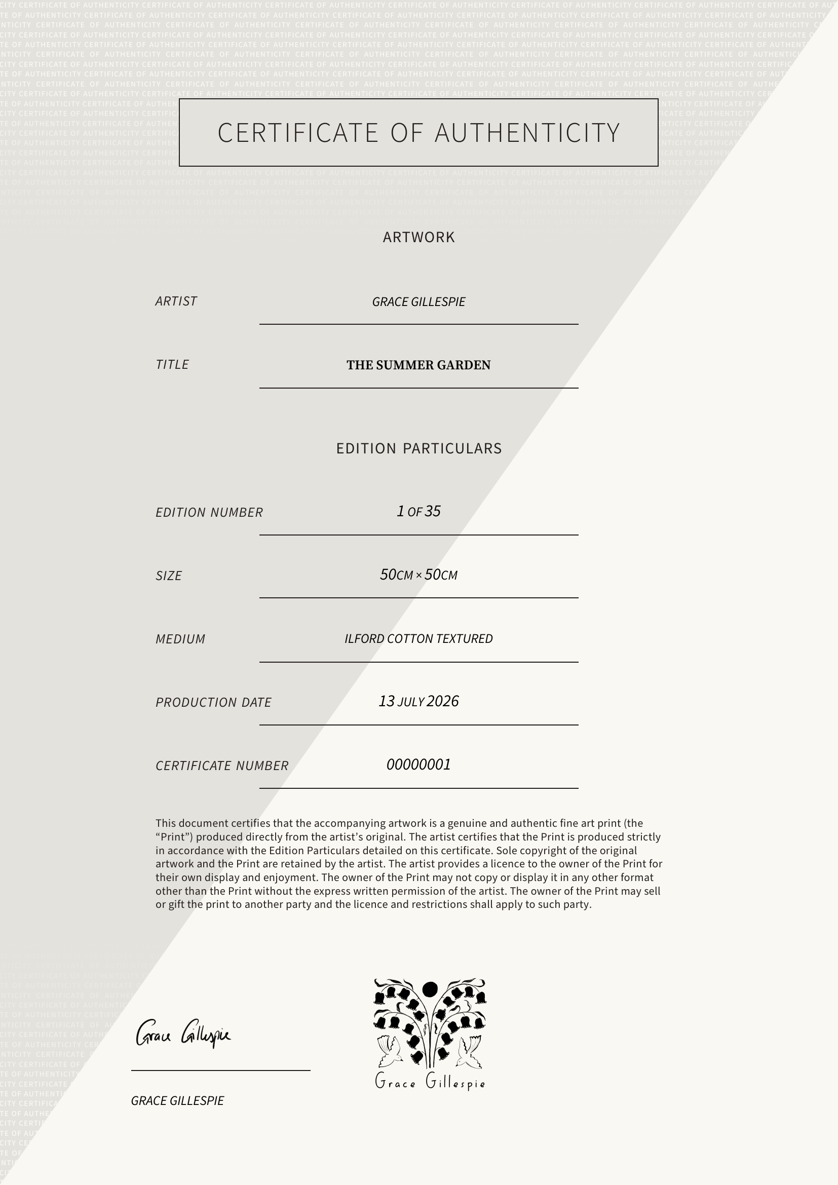 The Summer Garden — Certificate of Authenticity